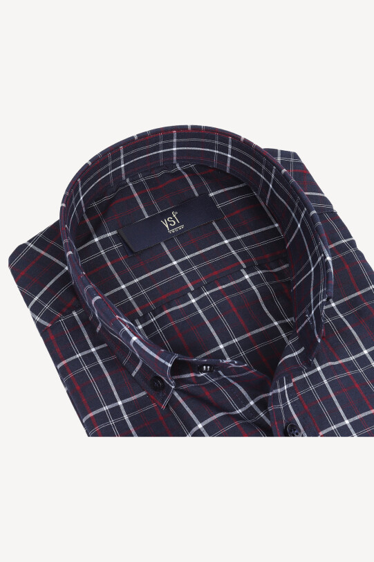 Erkek Lacivert Bordo Kareli Klasik Kısa Kol Gömlek