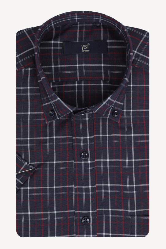 Erkek Lacivert Bordo Kareli Klasik Kısa Kol Gömlek