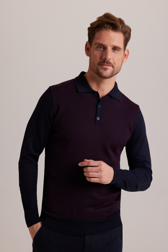 Erkek Lacivert Bordo Klasik Polo Yaka Desenli