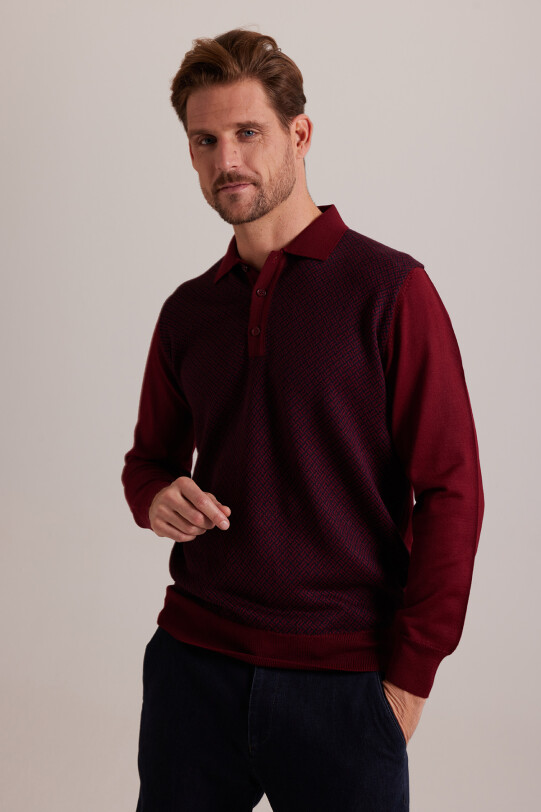 Erkek Lacivert Bordo Polo Yaka Desenli Triko