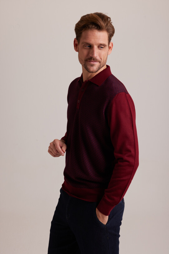 Erkek Lacivert Bordo Polo Yaka Desenli Triko