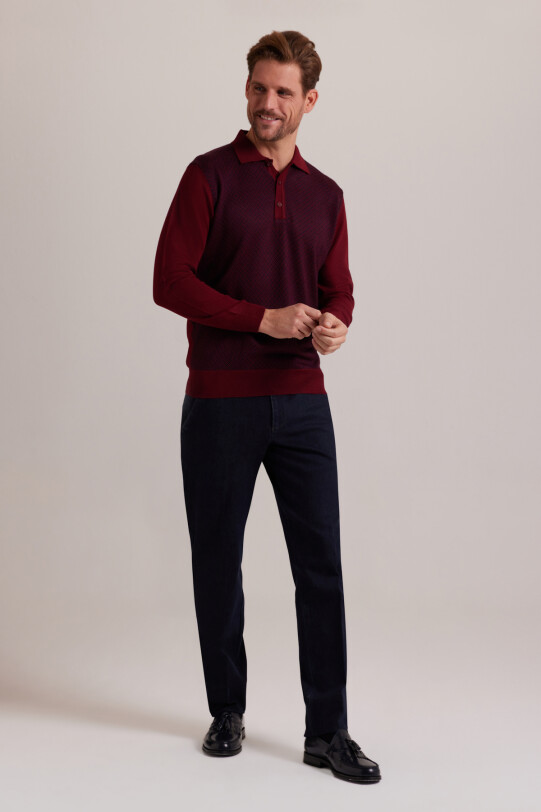 Erkek Lacivert Bordo Polo Yaka Desenli Triko