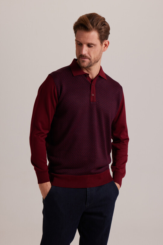 Erkek Lacivert Bordo Polo Yaka Desenli Triko