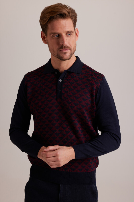 Erkek Lacivert Bordo Polo Yaka Desenli Triko