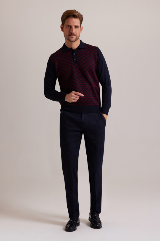 Erkek Lacivert Bordo Polo Yaka Desenli Triko