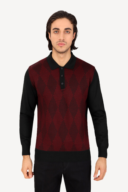 Erkek Lacivert Bordo Polo Yaka Desenli Triko - YSF