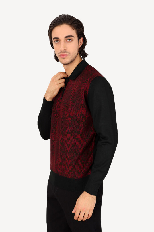 Erkek Lacivert Bordo Polo Yaka Desenli Triko