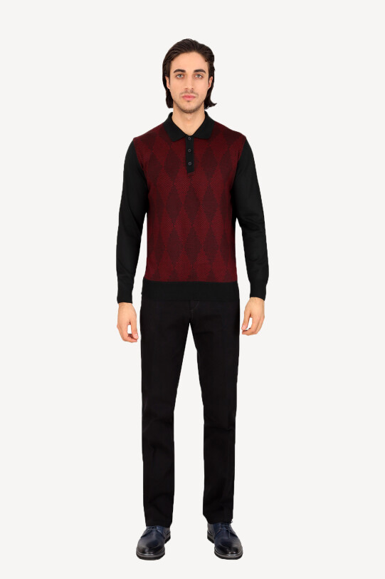 Erkek Lacivert Bordo Polo Yaka Desenli Triko