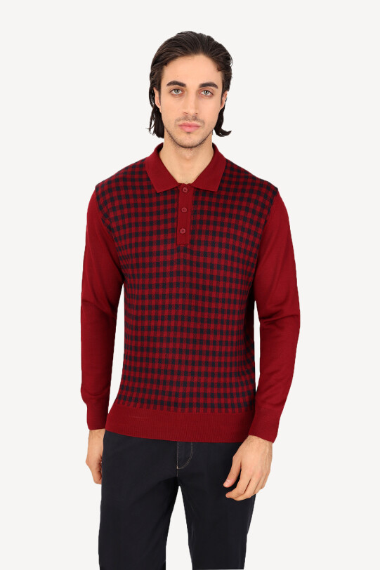 Erkek Lacivert Bordo Polo Yaka Kareli Triko