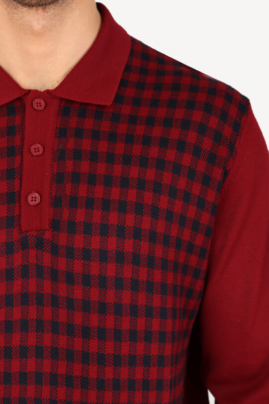 Erkek Lacivert Bordo Polo Yaka Kareli Triko