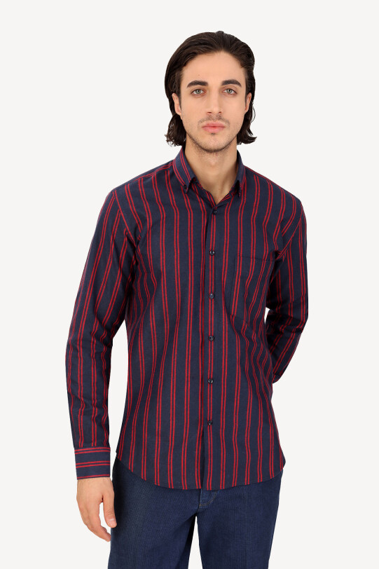 Erkek Lacivert Bordo Uzun Kol Regular Fit Çizgili Yaka Düğmeli Gömlek