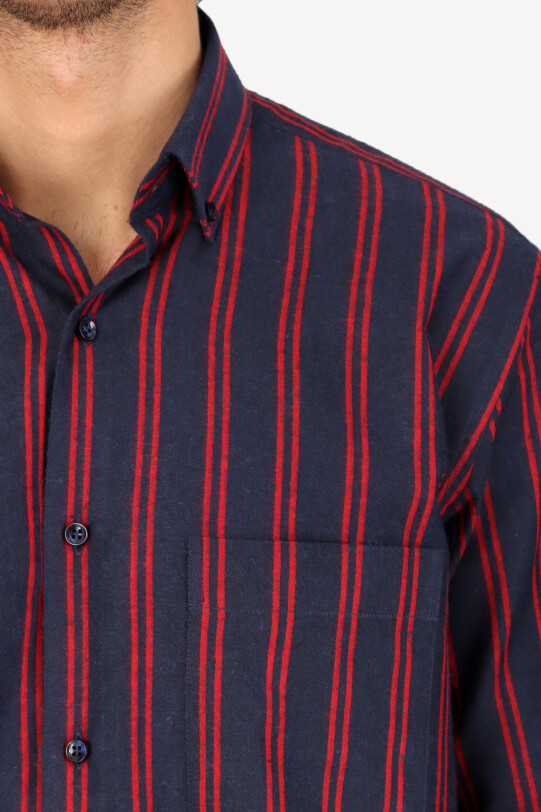 Erkek Lacivert Bordo Uzun Kol Regular Fit Çizgili Yaka Düğmeli Gömlek
