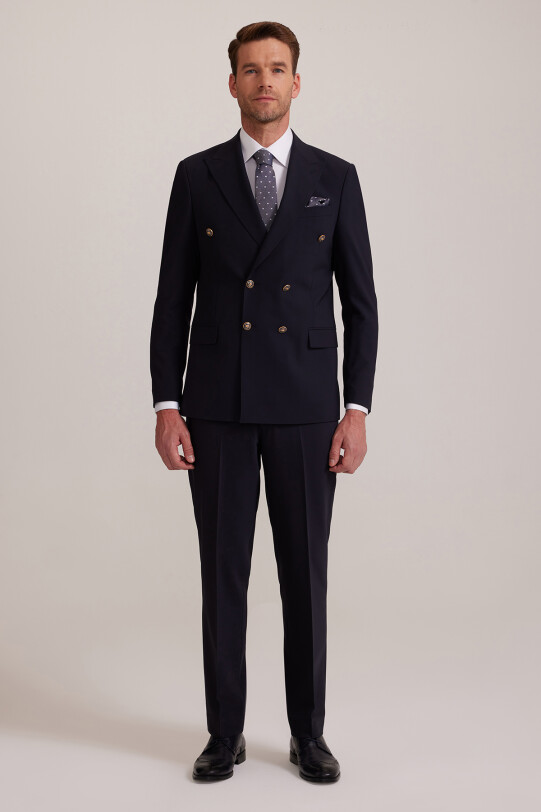 Erkek Lacivert Çift Yırtmaç Kruvaze Takım Elbise