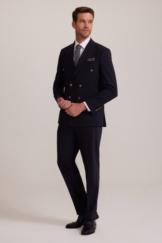 Erkek Lacivert Çift Yırtmaç Kruvaze Takım Elbise