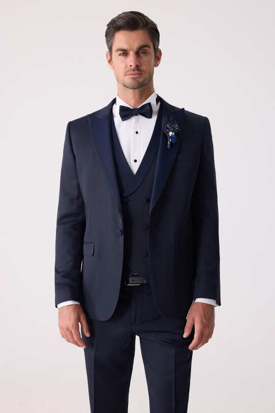 Erkek Lacivert Çıkma Kırlangıç Yaka Slim Fit Desenli Damatlık