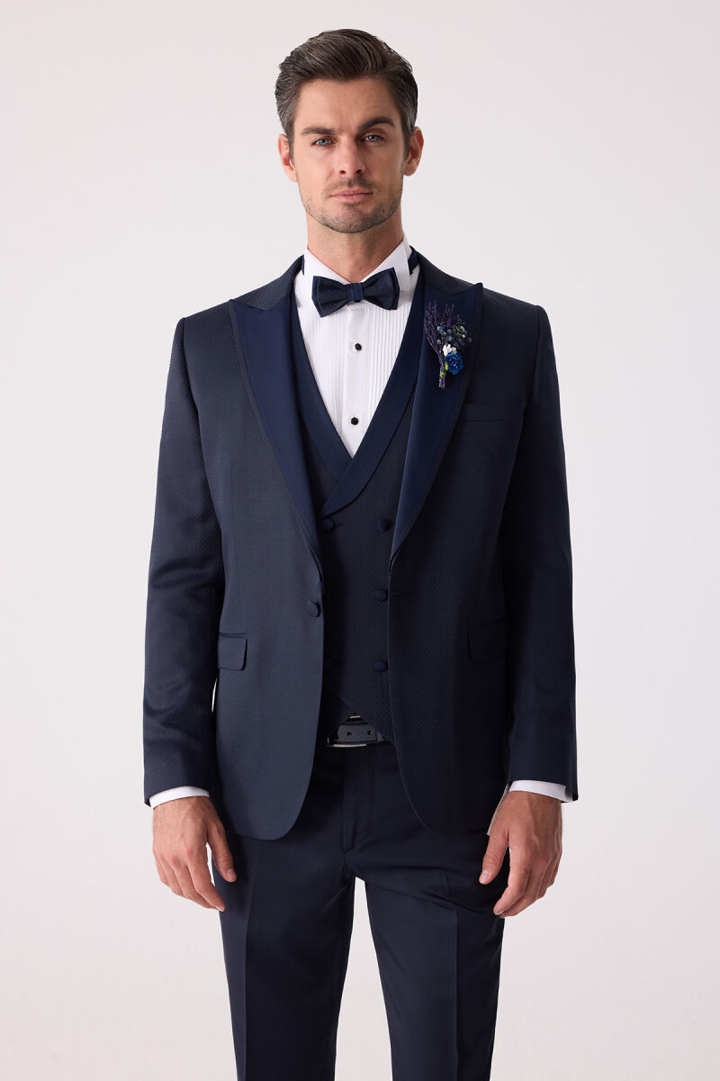 Erkek Lacivert Çıkma Kırlangıç Yaka Slim Fit Desenli Damatlık - 1