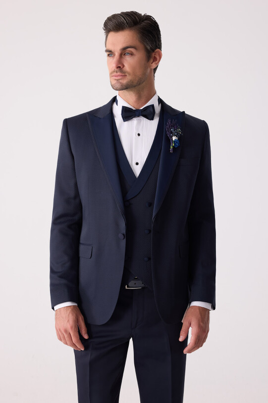 Erkek Lacivert Çıkma Kırlangıç Yaka Slim Fit Desenli Damatlık