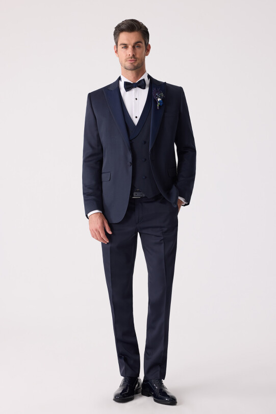 Erkek Lacivert Çıkma Kırlangıç Yaka Slim Fit Desenli Damatlık