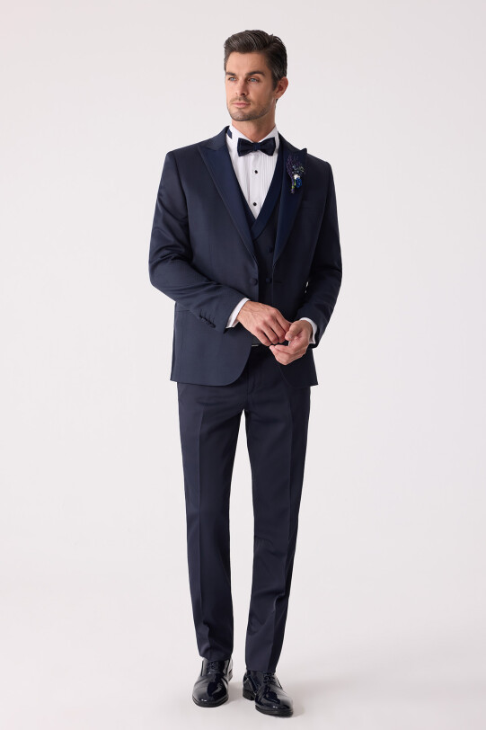 Erkek Lacivert Çıkma Kırlangıç Yaka Slim Fit Desenli Damatlık