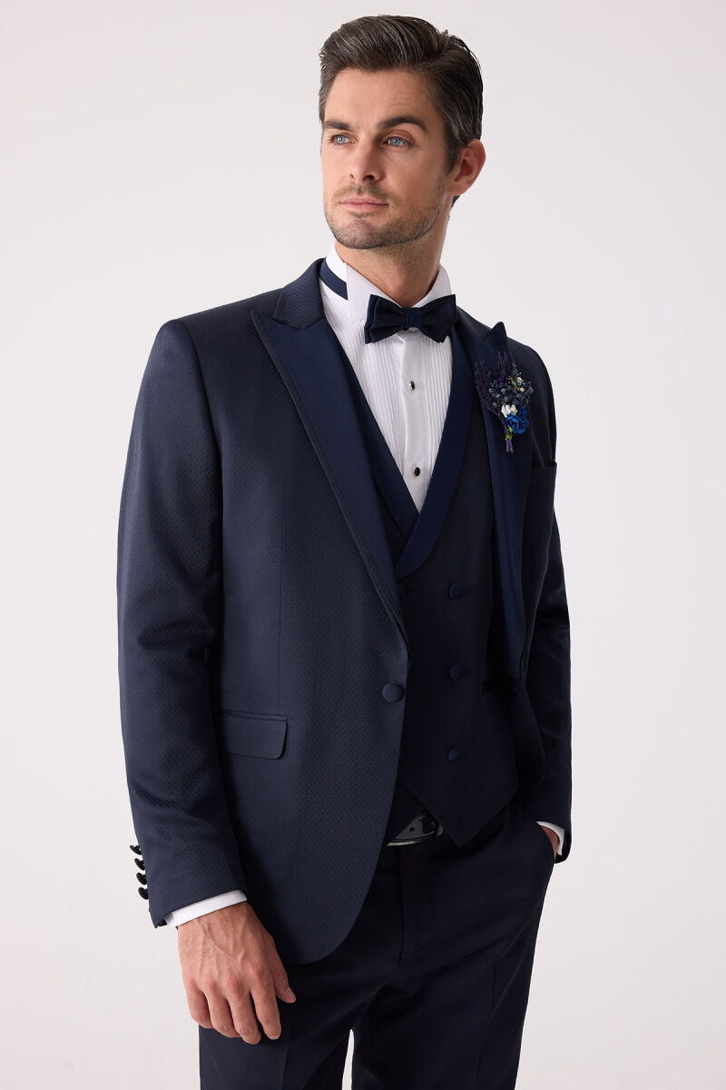 Erkek Lacivert Çıkma Kırlangıç Yaka Slim Fit Desenli Damatlık - 6