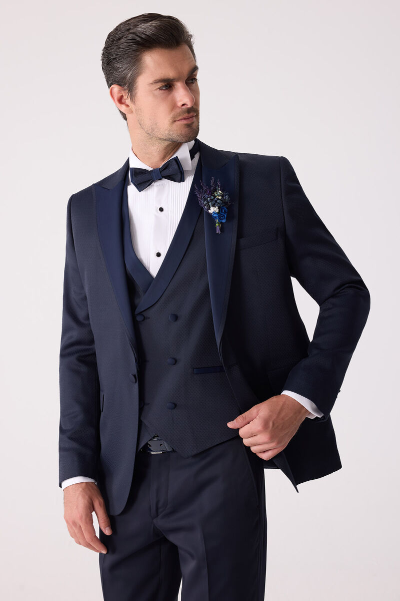 Erkek Lacivert Çıkma Kırlangıç Yaka Slim Fit Desenli Damatlık - 7