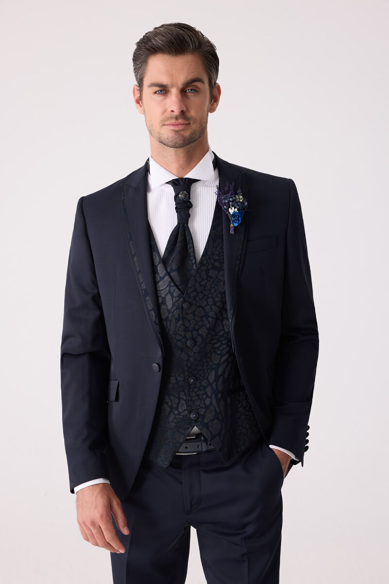 Erkek Lacivert Çıkma Şal Yaka Slim Fit Damatlık - 1
