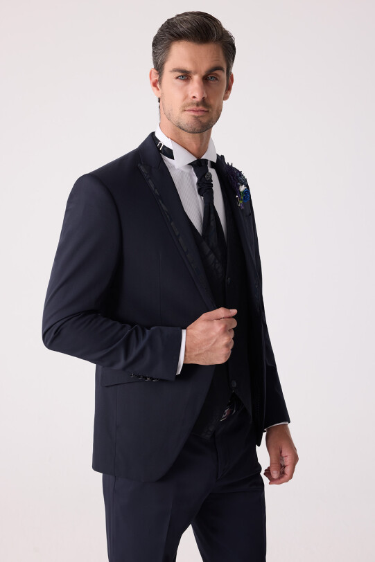 Erkek Lacivert Çıkma Şal Yaka Slim Fit Damatlık