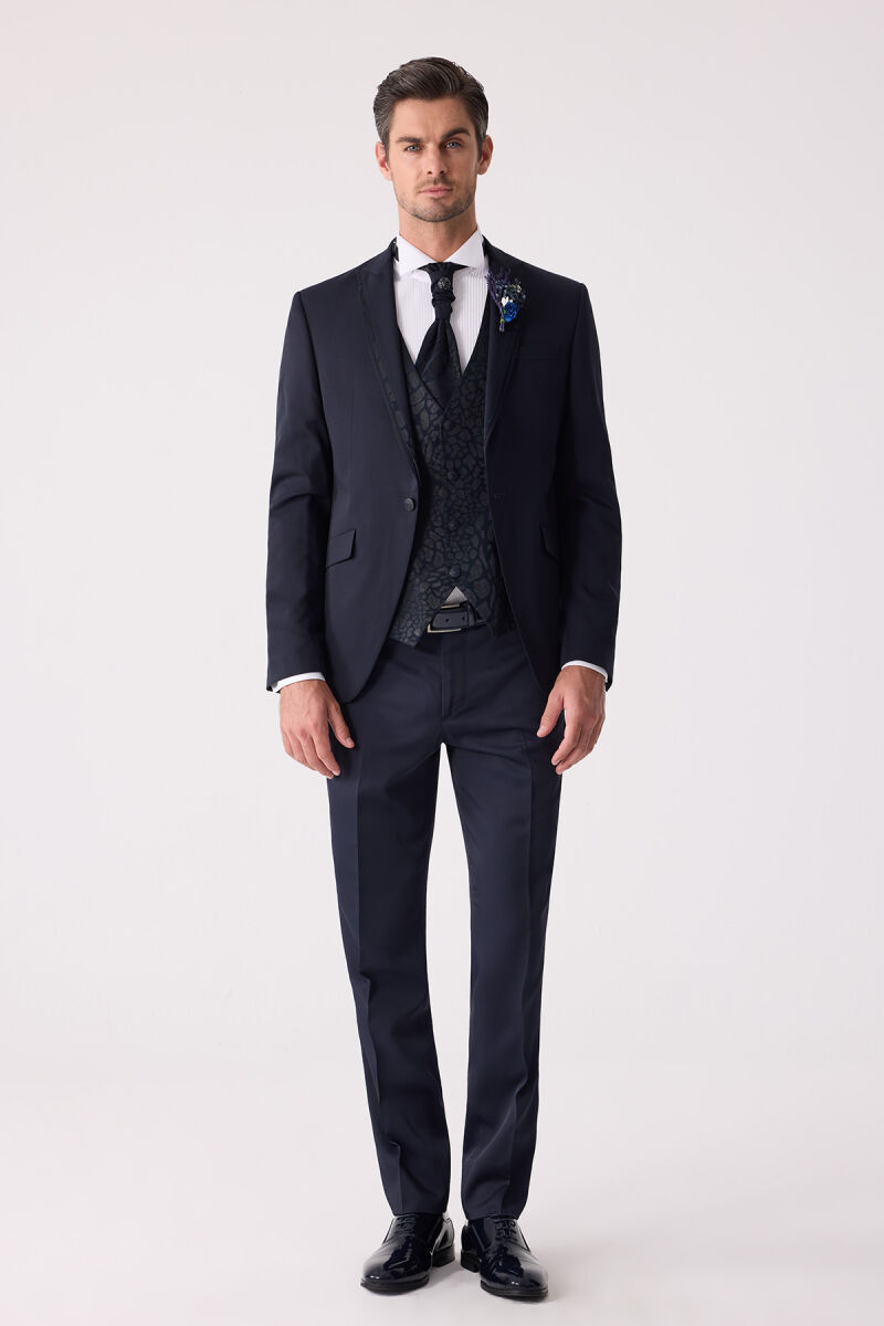 Erkek Lacivert Çıkma Şal Yaka Slim Fit Damatlık - 3