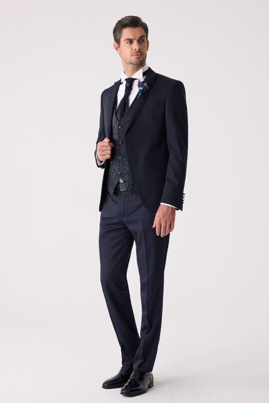 Erkek Lacivert Çıkma Şal Yaka Slim Fit Damatlık