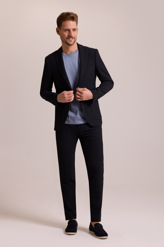 Erkek Lacivert Çizgili Regular Fit Likralı Mono Yaka Takım Elbise