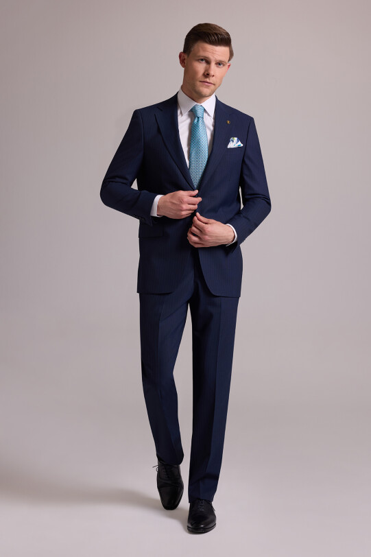 Erkek Lacivert Çizgili Regular Fit Mono Yaka %100 Yün Takım Elbise