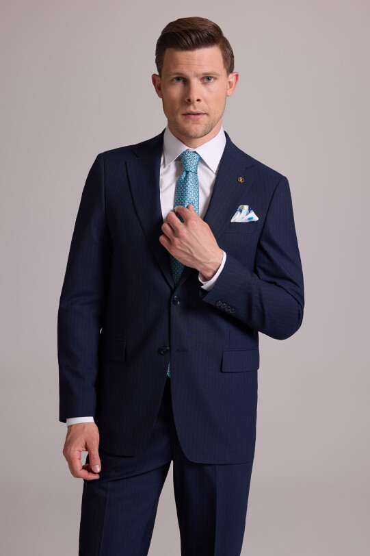 Erkek Lacivert Çizgili Regular Fit Mono Yaka %100 Yün Takım Elbise