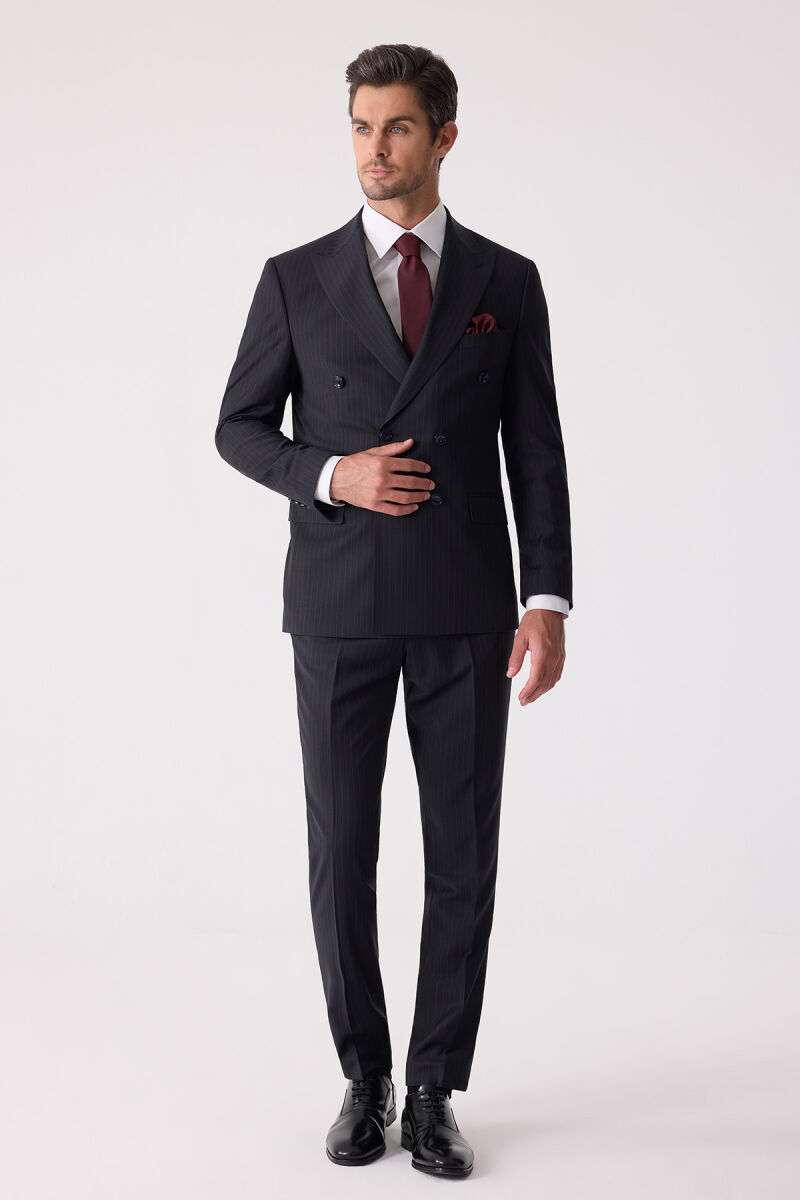 Erkek Lacivert Çizgili Slim Fit %100 Yün Çizgili Kruvaze Takım Elbise - 2
