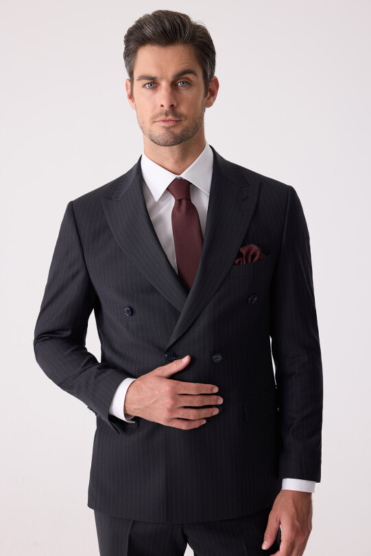 Erkek Lacivert Çizgili Slim Fit %100 Yün Çizgili Kruvaze Takım Elbise