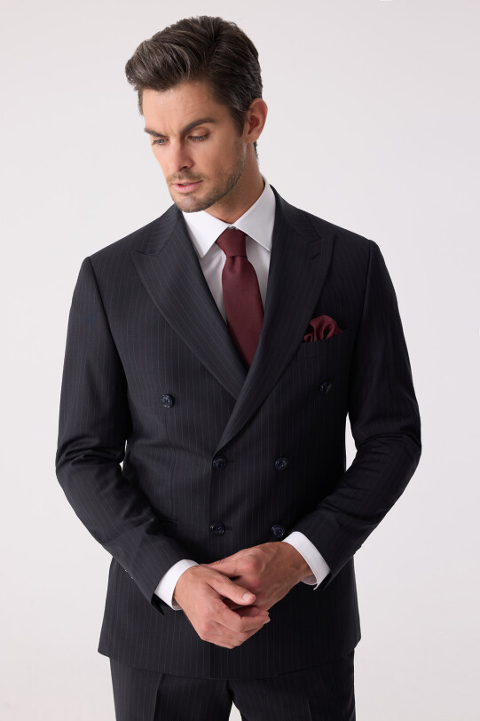 Erkek Lacivert Çizgili Slim Fit %100 Yün Çizgili Kruvaze Takım Elbise