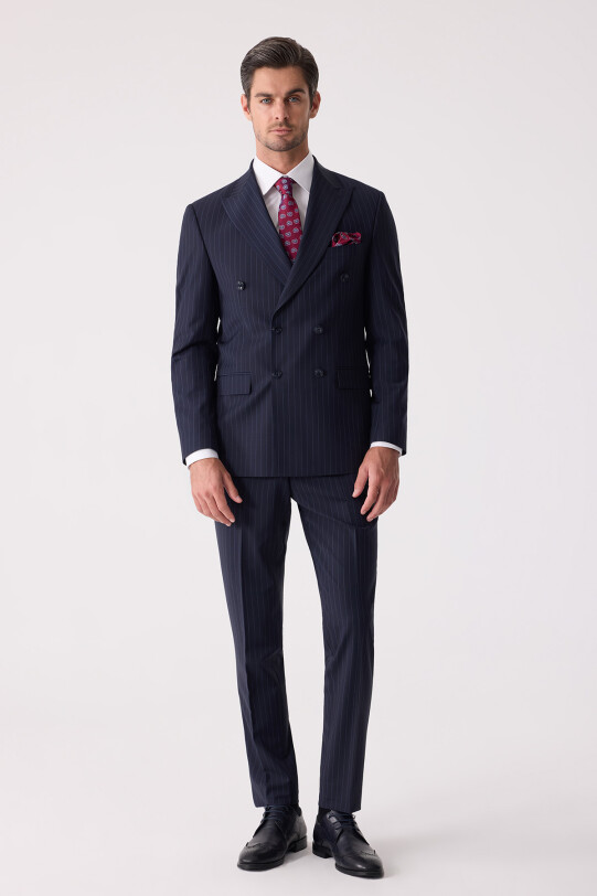 Erkek Lacivert Çizgili Slim Fit Kruvaze Takım Elbise