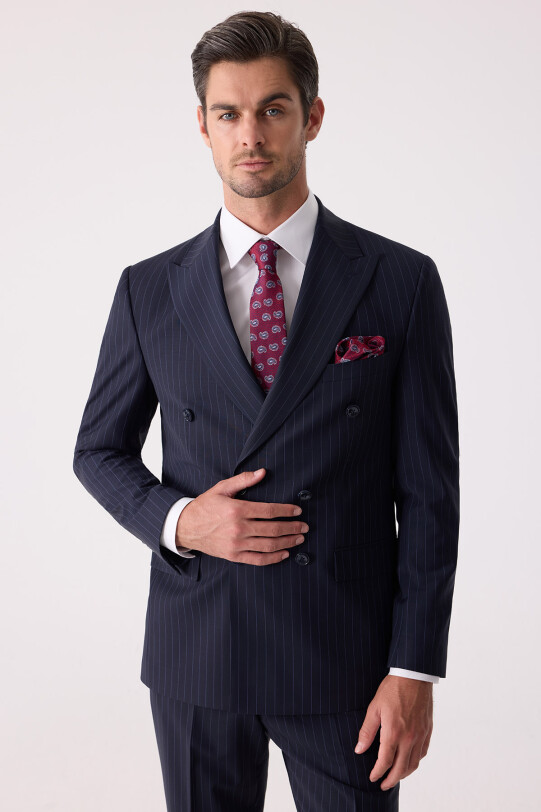 Erkek Lacivert Çizgili Slim Fit Kruvaze Takım Elbise