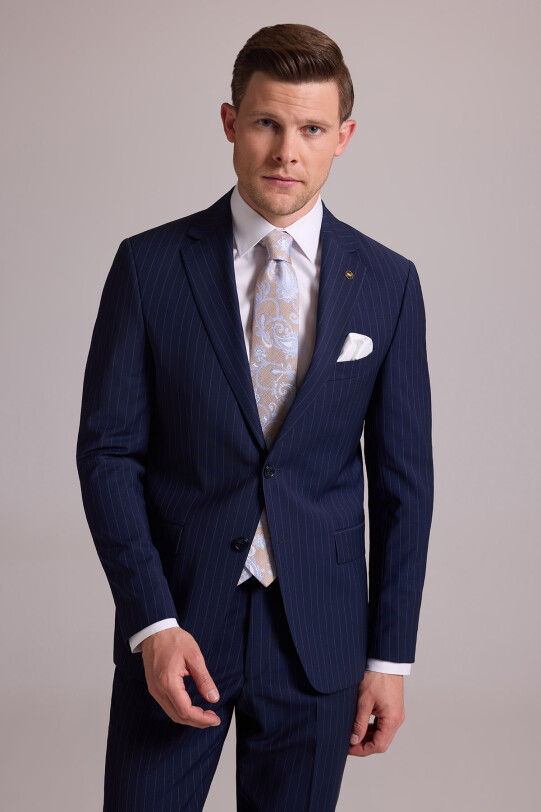 Erkek Lacivert Çizgili Slim Fit Mono Yaka %100 Yün Takım Elbise