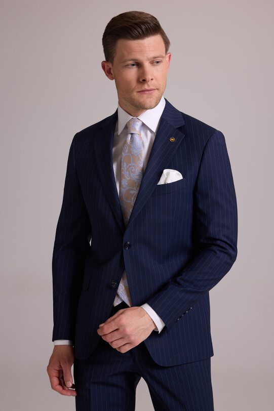 Erkek Lacivert Çizgili Slim Fit Mono Yaka %100 Yün Takım Elbise