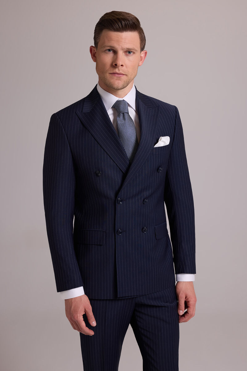Erkek Lacivert Çizgili Slim Fit Sivri Yaka Kruvaze %100 Yün Takım Elbise - 4