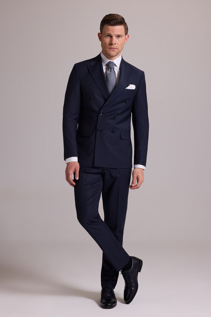 Erkek Lacivert Çizgili Slim Fit Sivri Yaka Kruvaze %100 Yün Takım Elbise - 6