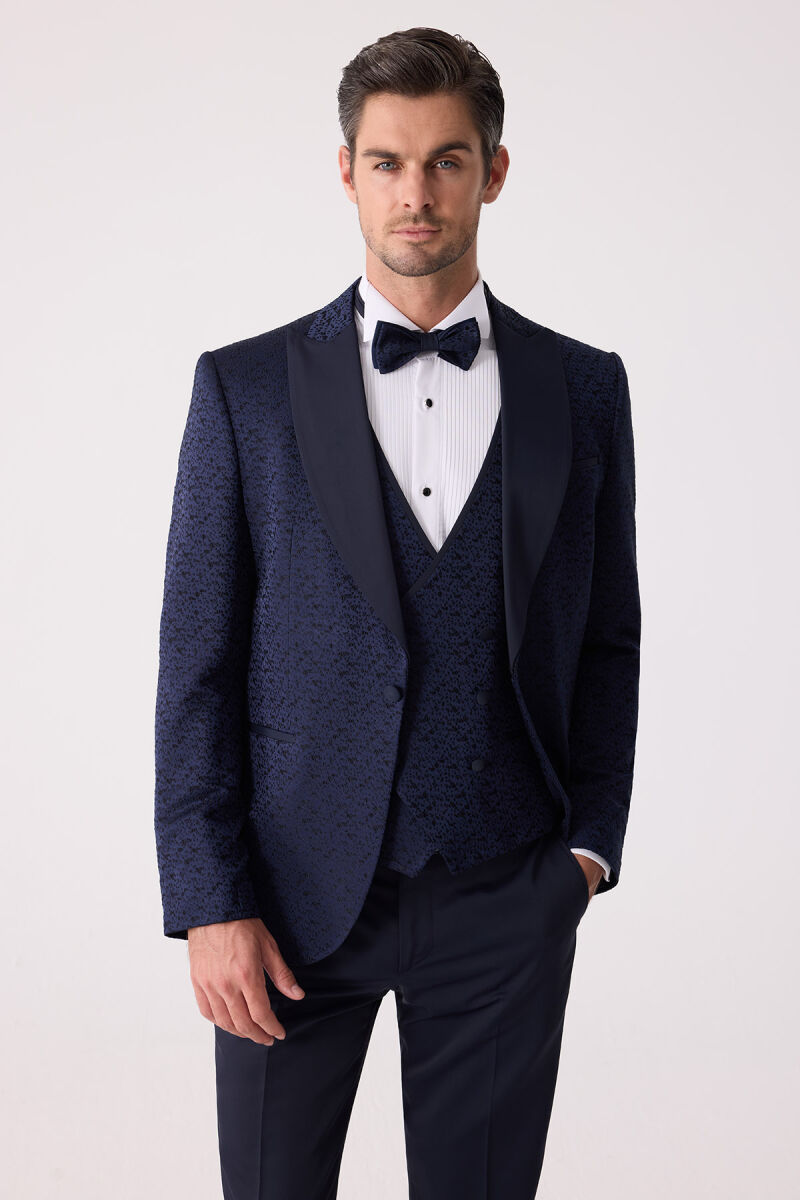 Erkek Lacivert Damatlık Slim Fit Kırlangıç Yaka Desenli - 1