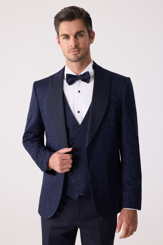 Erkek Lacivert Damatlık Slim Fit Kırlangıç Yaka Desenli