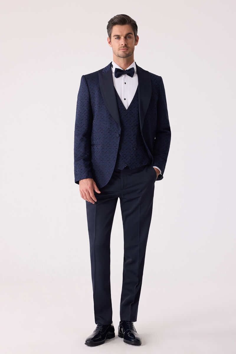 Erkek Lacivert Damatlık Slim Fit Kırlangıç Yaka Desenli - 3