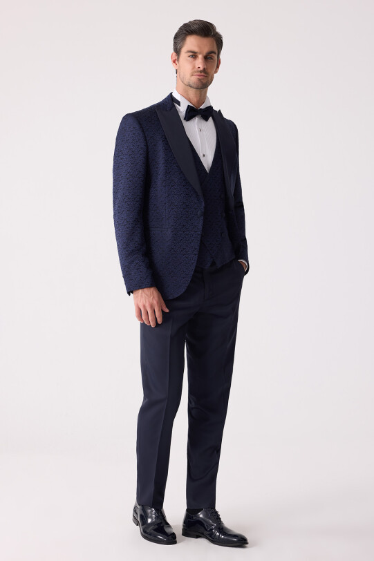 Erkek Lacivert Damatlık Slim Fit Kırlangıç Yaka Desenli