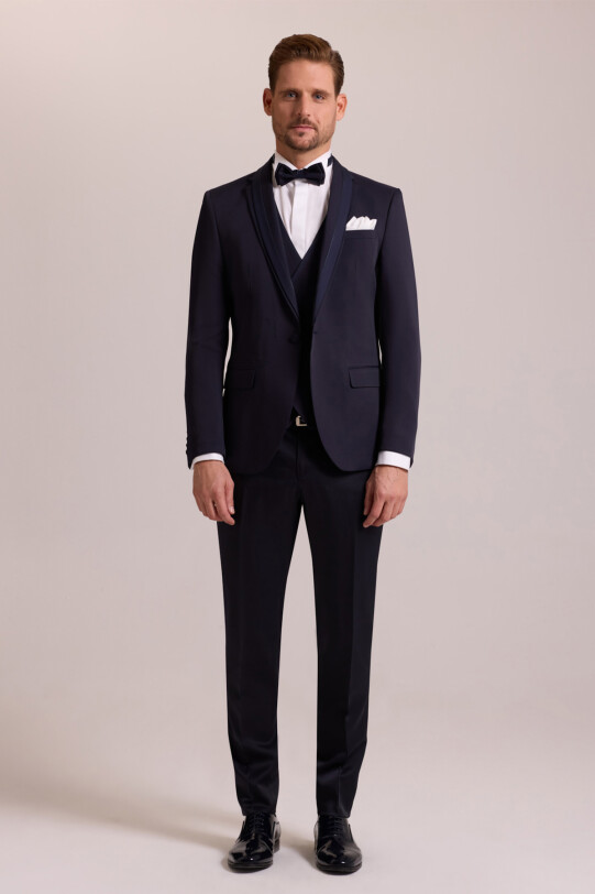 Erkek Lacivert Slim Fit Yelekli Damatlık