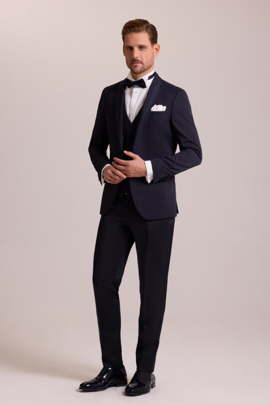 Erkek Lacivert Slim Fit Yelekli Damatlık