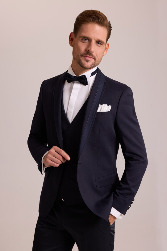 Erkek Lacivert Slim Fit Yelekli Damatlık