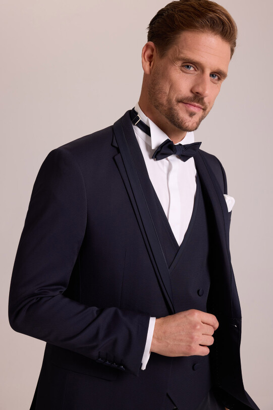 Erkek Lacivert Slim Fit Yelekli Damatlık