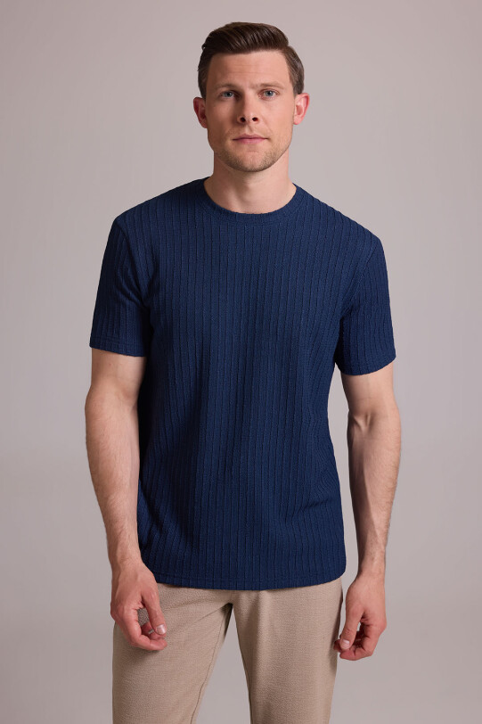 Erkek Lacivert Desenli Bisiklet Yaka T-shirt